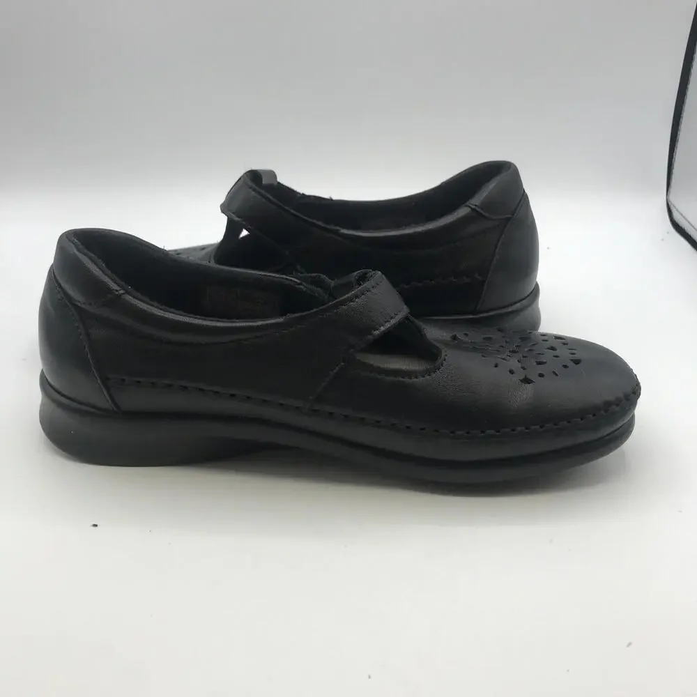 SAS Women's Willow Comfort Shoes Black Leather Moc Mary Janes 6.5 Narrow T-Strap